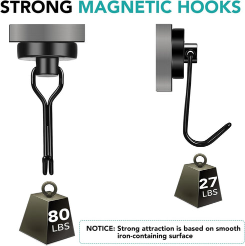 DIYMAG Black Magnetic Hooks, 80LBS Strong Magnetic Hooks heavy duty, Strong Magnet Hooks with Metal Hanger for Hanging Refrigerator Home Kitchen O...