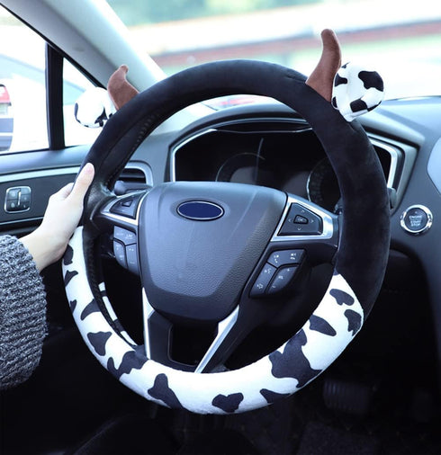 Cow Print Plush Warm Steering Wheel Cover Cute Animal Car Steering Wheel Cover for SUV Van Sedan Car Truck Gift for Women, Universal 15"...