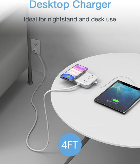 Small Power Strip 2 USB 1 Wireless Charger, TESSAN Mini Flat Plug Nightstand Desktop Charging Station with 2 Outlet 4 ft Extension Cord, Compatibl...