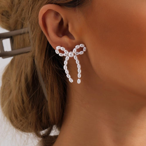 12 Pairs Crystal Rhinestone Pearl Kate Spade bow stud earrings for women Statement Ribbon Fringe Waterfall Dangling Long Chain Bow Dangle Drop Tas...