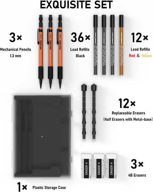 Four Candies 3PCS 1.3mm Mechanical Pencil Set with Case, Metal Heavy Duty Carpenter Pencils with 48 Refill(Red,Black,Yellow) 3Eraser, 12Eraser Ref...