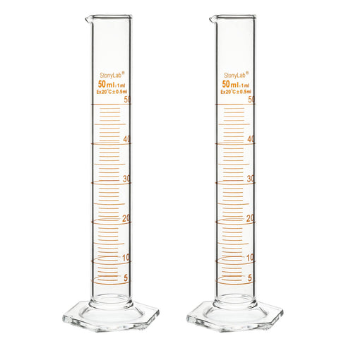 stonylab Graduated Cylinder, 2-Pack B Grade Borosilicate Glass Cylinder with Stable Hexagonal Base, 50 ml...