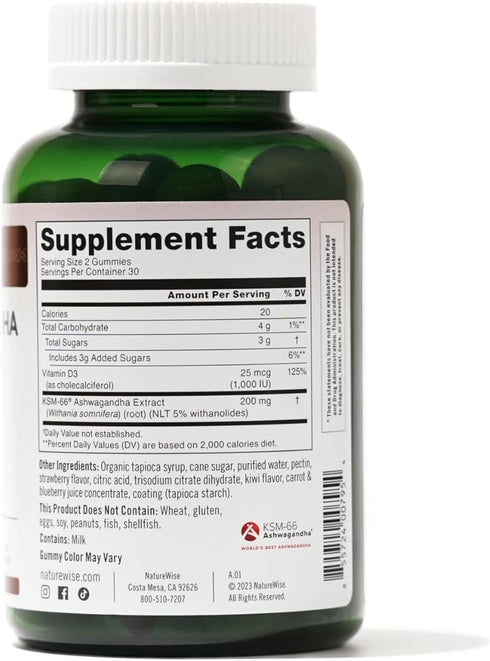 NatureWise Ashwagandha Gummies - Strawberry Kiwi - KSM-66 Ashwagandha with Vitamin D3 - Calming Support - Vegetarian Gummies - Non-GMO, Gelatin Fr...