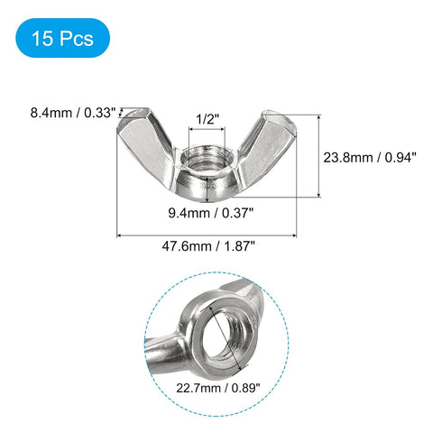 uxcell 1/2"-13 Wing Nut 15 Pcs, 304 Stainless Steel Butterfly Wing Nuts Fasteners Parts Hand Twist Tighten Wing Nuts for Machinery Electronic Equi...