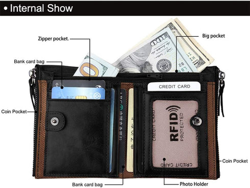 Men's Folding Double Zip Wallet RFID Blocks Retro Short Coin Purse...
