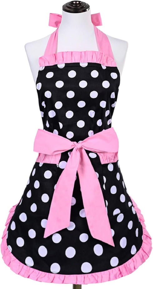 Violet Mist Vintage Apron for Women, Pink Polka Dot Retro Stylish Apron with Pockets, Adjustable Neck Strap...