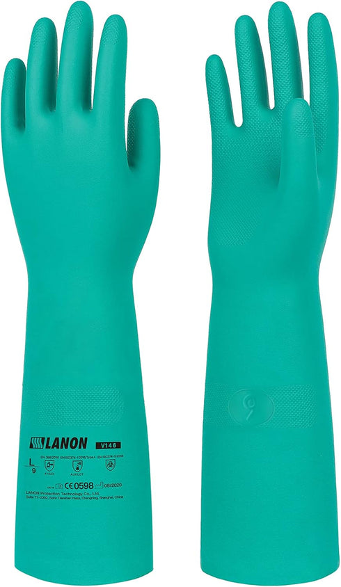 LANON Nitrile Chemical Resistant Gloves, Reusable Heavy Duty Safety Work Gloves, Acid, Alkali and Oil Protection, 18" Length, Non-Slip, Large...