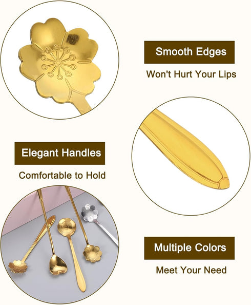 uxcell 4Pcs Stainless Steel Flower Spoons 5 Inch Cherry Blossom Shape Coffee Spoon Small Teaspoon Dessert Spoon for Espresso Sugar Cake, Gold...