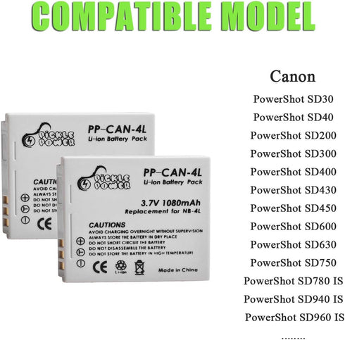 Pickle Power NB-4L Battery and LED Display Charger for Canon PowerShot ELPH 100 HS 300 HS 330 HS 310 HS SD1000 SD1100 is SD1400 is SD200 SD30 SD30...