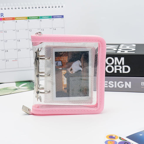 Mini Kpop Binder Business Card Holder Photocard Collector 3-Ring Pink Zipper Clear PVC Cover Photo Album with 25 Sheets 3 Inch Top Loading Card Pa...