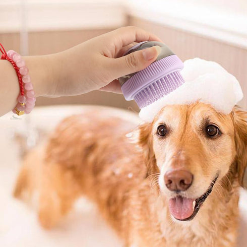 Dog Bath Brush, Dog Scrubber for Bath, Portable Dog Shampoo Brush with 2 Brush Heads, Dog Grooming Brush Pet Shampoo Massage Dispenser brush for L...