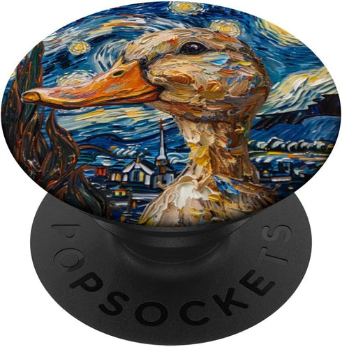 Cute Van Gogh Style Duck Starry Night Portrait PopSockets Standard PopGrip...