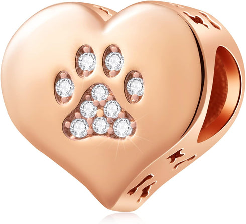 Puppy Dog Paw Print Charms with Brithstone Crystal, 925 Sterling Silver Pawprint Heart Bead, fits European Animal Bracelet Necklace, Gifts for Mom...