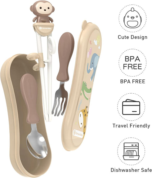 Toddler Utensils Stainless Steel Kids Silverware Set with Kids Training Chopsticks and Baby Spoon and Fork for Self Feeding Learning with Case...