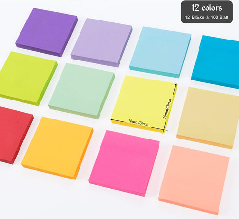 1200 Sheets Sticky Notes,3 x 3" Sticky Note Pads,12 Bright Colors Self-Stick Notes,76 x 76 mm Post Self Sticky Notes Pad, 75g/? Strong Adhesive Me...
