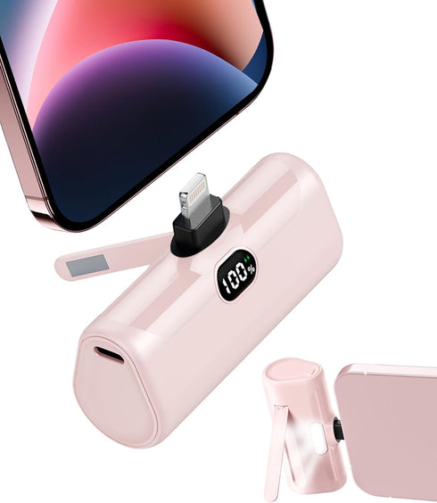 Pink Small Portable Charger for iPhone,5000mAh Lightweight Battery Pack with Metal Stand/LED Flashlight Mini Power Bank Battery Charge for iPhone ...