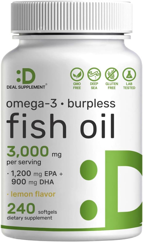 DEAL SUPPLEMENT Omega 3 Fish Oil Supplements, 3,000mg Per Serving, 240 Softgels – EPA 1,200mg + DHA 900mg – Burpless Pills, Lemon Flavored, Wild C...