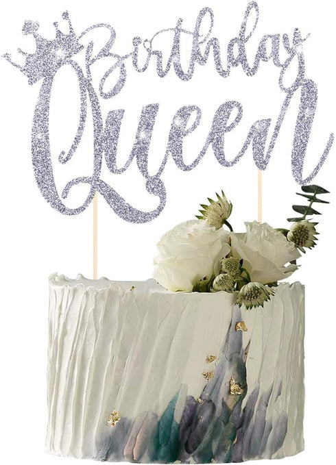 Handmade Glitter Queen Birthday Cake Topper, Happy Birthday Cake Bunting Decor, Birthday Party Decoration Supplies (Sliver)...