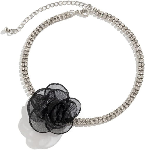 Sparkly Full Rhinestone Choker Necklace with Rose Flower Bling Crystal Beaded Silver Collar Chain Bridal Wedding Costume Jewelry for Women and Gir...
