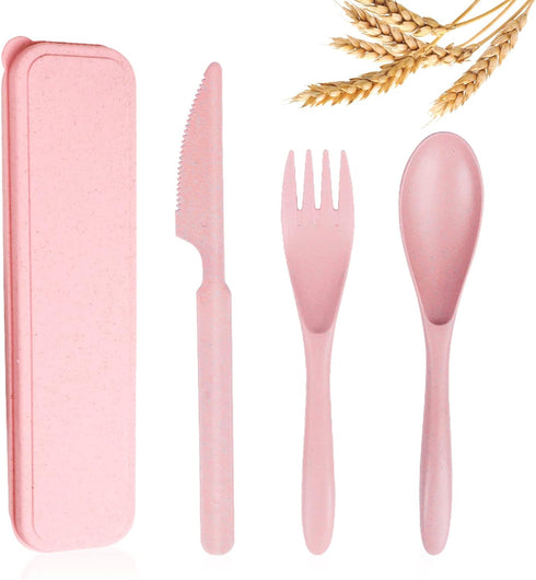 Reusable Travel Utensils Set with Case, Pink Wheat Straw Portable Knife Fork Spoons Tableware, Eco-Friendly BPA Free Cutlery for Kids and Adults a...