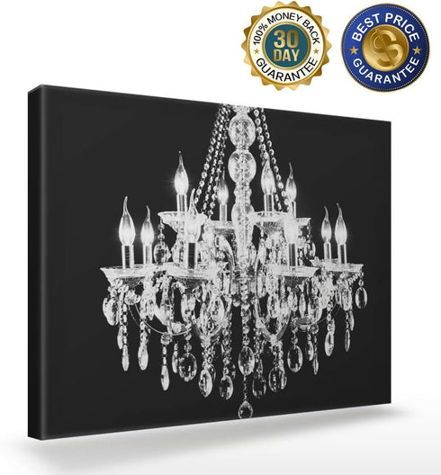 Canvas Print Wall Art - White Crystal Chandelier on Black Background - Wall Decor Modern Artwork Paintings Pictures for Living Room Stretched and ...