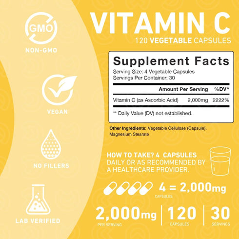 Vitamin C 2000mg Capsules – Double Strength Vitamin C Capsules Supplement with High Absorption and Powerful Antioxidant Properties – 120 Capsules ...