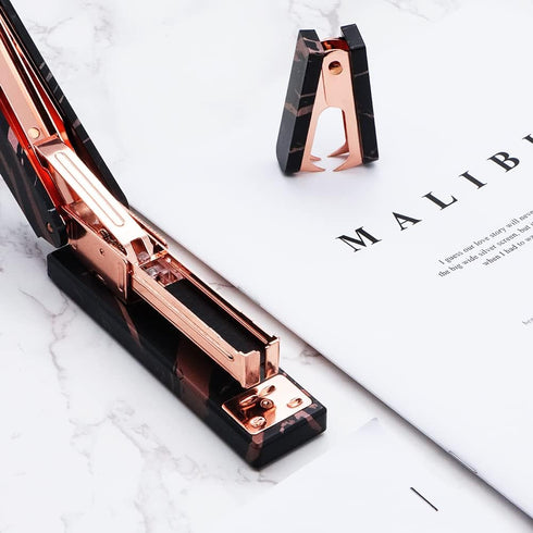 Office Stapler Staples Remover Set, Marble Black Print Rose Gold Tone Desk Executive Manual Staplers and Staple Remover Tool for Desktop Accessori...