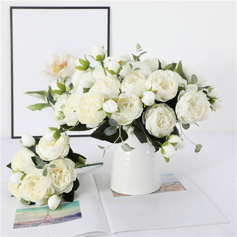 Artificial Peony Flowers Silk Peony Rose Real Touch Fake Flowers 3pcs Single Stem with 5 Heads Bouquet for Home Wedding Party Decoration (White)...