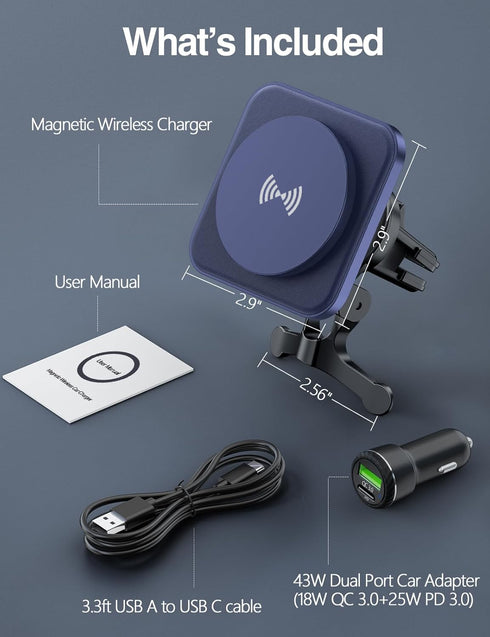 for MagSafe Car Mount Charger - 15W Wireless Magnetic Car Charger Holder for iPhone 15/14/13/12 Series, Air Vent, Stable, Strong Magnets, Vegan Le...