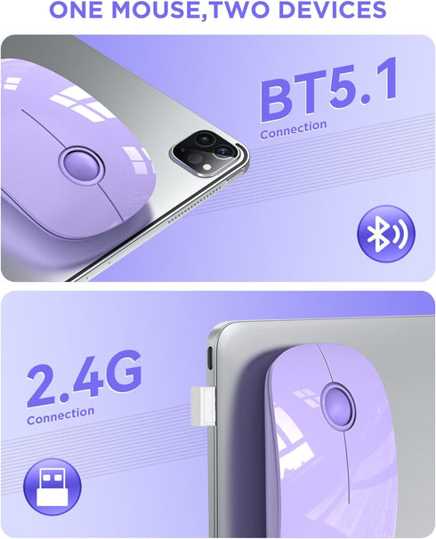 Wireless Bluetooth Mouse, Purple, 1600 DPI, Long Battery Life, Dual Connectivity, Quiet Click, High-Precision Optical Tracking, Versatile Compatib...