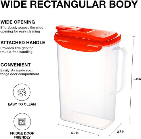 LocknLock Aqua Fridge Door Water Jug with Handle BPA Free Plastic Pitcher with Flip Top Lid Perfect for Making Teas and Juices, 2 Quarts, Red...