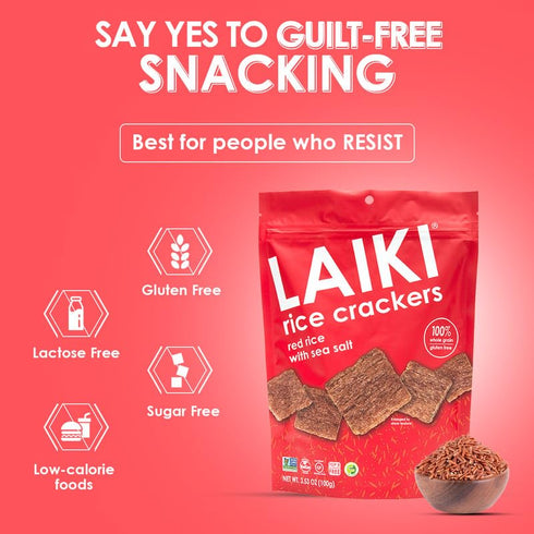 LAIKI Gluten Free Rice Crackers, Red Rice, Resealable 3.53 Ounce Bag...