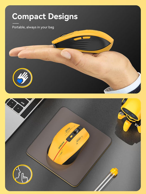 Bluetooth Wireless Mouse - (BT1/BT2+USB Receiver) Tri-Device Compatibility for PC, Laptop, Computer, MacBook, Tablet (Black and Yellow)...