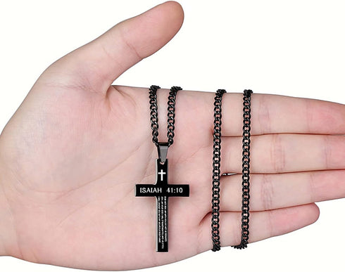 Inspirational Bible Verse Cross Necklace for Men Boys, Stainless Steel Plain Black Silver Cross Pendant Necklace for Men 20-24 Inches Curb Chain F...