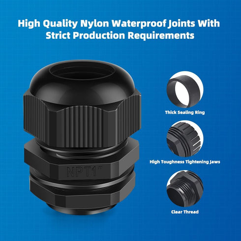 Cable Gland 2 Pack 1" NPT Waterproof Adjustable Connector Strain Relief Cord Connectors Joints Nylon with Gaskets…...