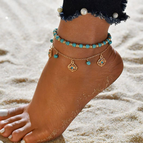 Boho Turquoise Anklet Bracelet Gold Flower Anklet Multi Layer Beads Anklet Beach Anklet Foot Chain Jewelry for Women and Teen Girls...