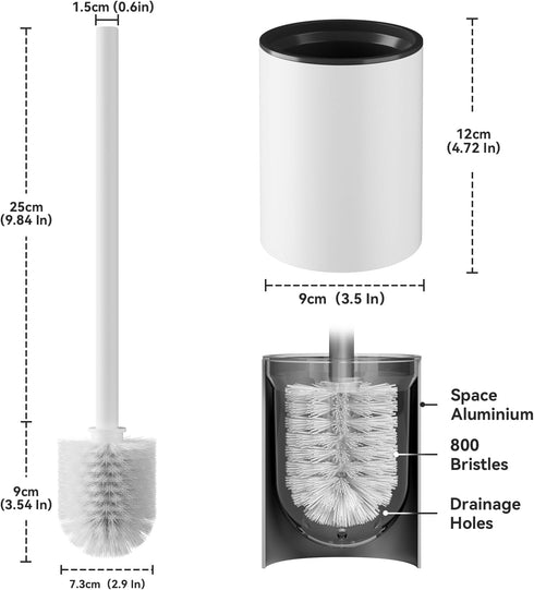 Aluminum Toilet Bowl Brush and Holder Set, Toilet Scrubber with Metal Handle Holder Durable Bristles for Bathroom Cleaning, Wall Mounted Floor Sta...