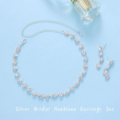 Unicra Bride Silver Necklace Earrings Set Crystal Bridal Wedding Jewelry Set Rhinestone Choker Necklace for Women and Brides...