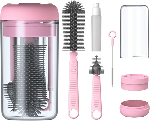 Travel Bottle Cleaner Kit, Silicone Baby Bottle Brush Set with Bottle Brush, Drying Rack, Nipple Brush,Straw Brush,Soap Dispenser, Portable Baby B...