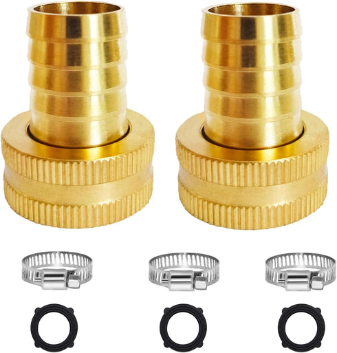 2Pcs 3/4" Barb x 3/4" Female GHT Thread Swivel Hex Brass Garden Water Hose Pipe Connector Copper Fitting with Stainless Clamp House/Boat/Lawn/Powe...