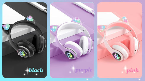 Wireless Kids Headphones for Boys Girls, Cat Ear LED Light Up Bluetooth Headphones with Microphone for School/Travel/Sports/Gaming/Gifts/Christmas...