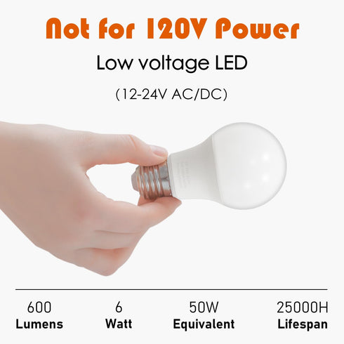12V LED Bulb 6W(50W Equivalent), Daylight 5000K, 12V-24V AC/DC, 600 Lumens, Non-Dimmable, A19 12V DC LED Light Bulbs, E26 Base, Pack of 6...