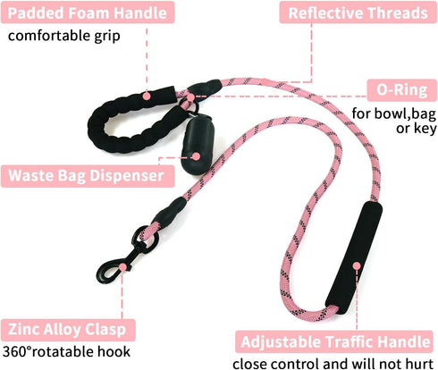NESTROAD Heavy Duty Dog Leash with 2 Padded Handles,High Reflective Threads Rope Dog Leash with Poop Bag Holder for Small,Medium and Large Dogs Wa...