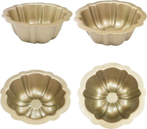 Carbon Steel Mini Bundt Cake Pans, 4 Inch Metal Nonstick Fluted Cake Pan, 4Pcs Kugelhopf Mould for Baking Buntcake Bundtlet Bavarois Cupcake Brown...