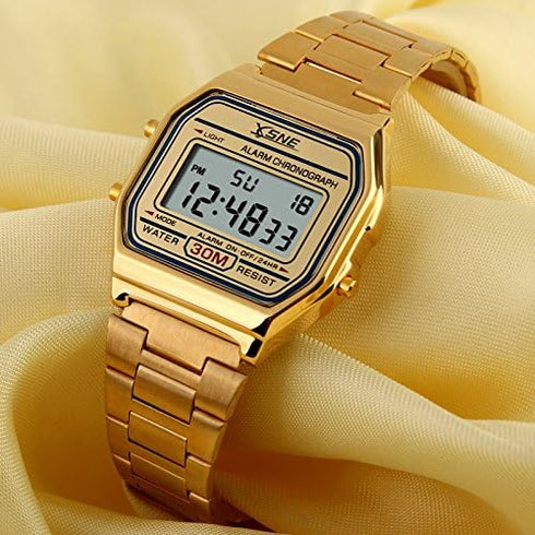 Digital Sports Watch Men's Women Water Resistant Outdoor Stainless Steel Band Electronic Square LED Back Light Classic Wristwatch Gold 1123...