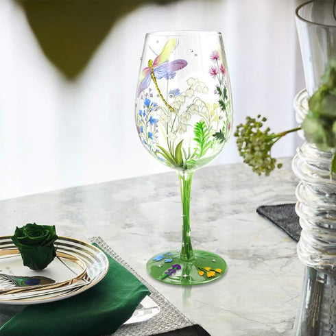 NymphFable Hand Painted Wine Glass Colorful Dragonfly Flower Artisan Painted 15 oz Glass Novelty Gift for Birthdays,Weddings,Valentine's Day...