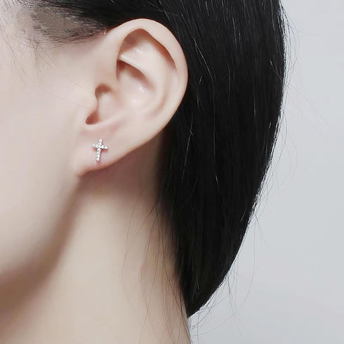 14K White Gold Plated Small Cross Silver Stud Earrings, Hypoallergenic Pave CZ Tiny Cross Stud Earrings for women...