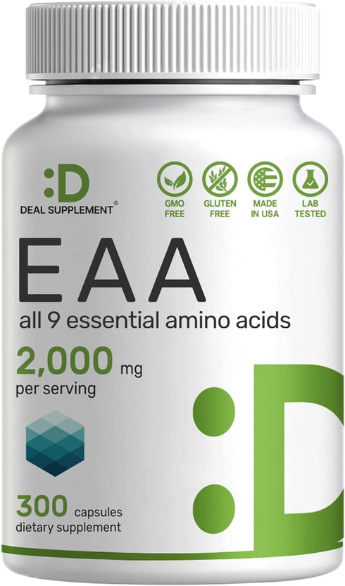 Essential Amino Acids (EAA) 2000mg Per Serving, 300 Capsules – Unflavored - 9 in 1, All BCAAs (Branched-Chain Aminos) – Lean Muscle Support & Natu...