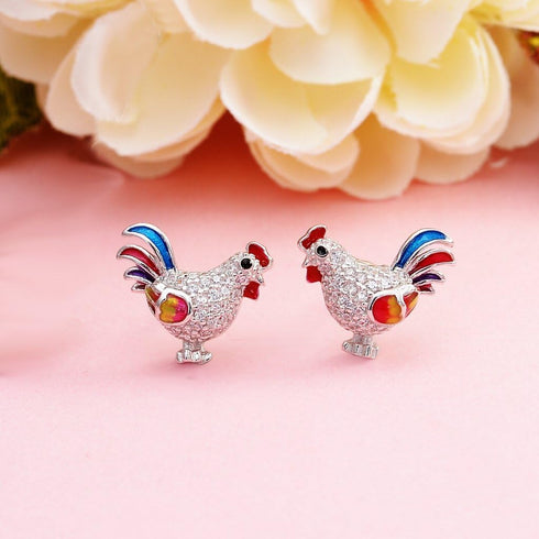 EVER FAITH Women's 925 Sterling Silver CZ Multicolor Enamel Rooster Animal Pierced Stud Earrings Clear...