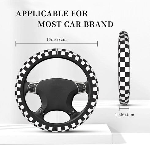 Black and White Checkered Steering Wheel Cover Rubber Anti-Slip 14.5-15 Inch Universal Steering Wheel Cover with 2 Pieces Car Coasters Suitable fo...